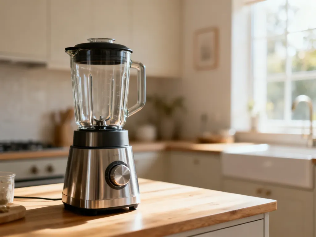 Nowoczesny blender marki Hoffen na drewnianym blacie w jasnej, skandynawskiej kuchni.