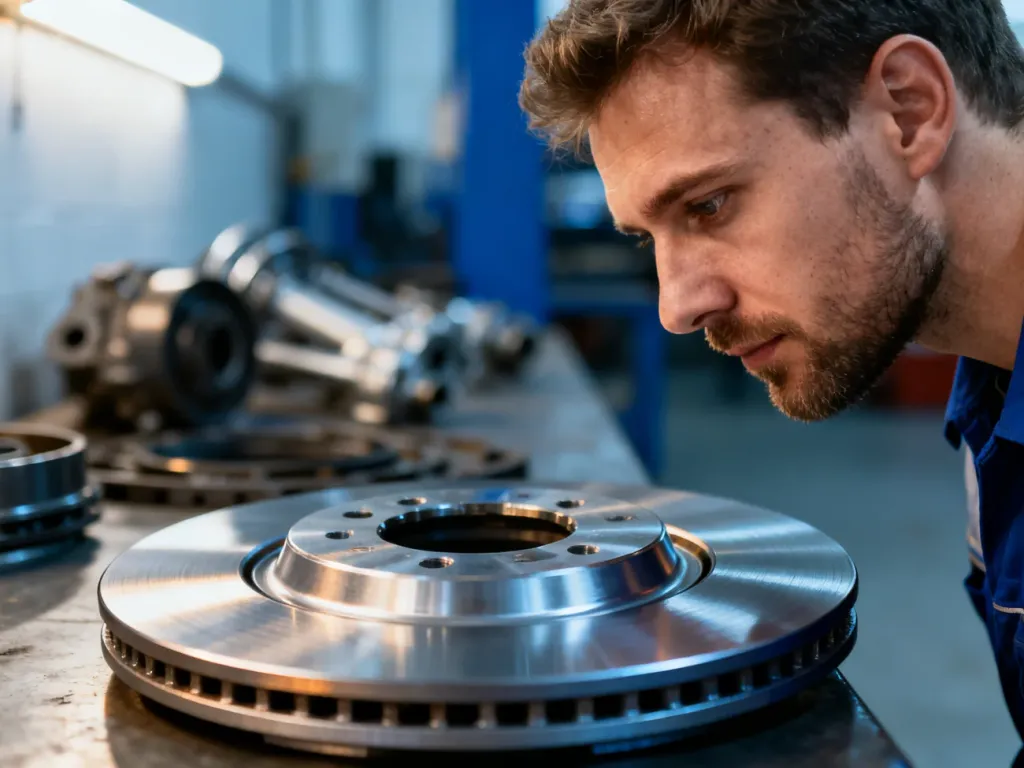 Mechanik w profesjonalnym warsztacie dokładnie sprawdza tarczę hamulcową, oceniając jakość części samochodowych.