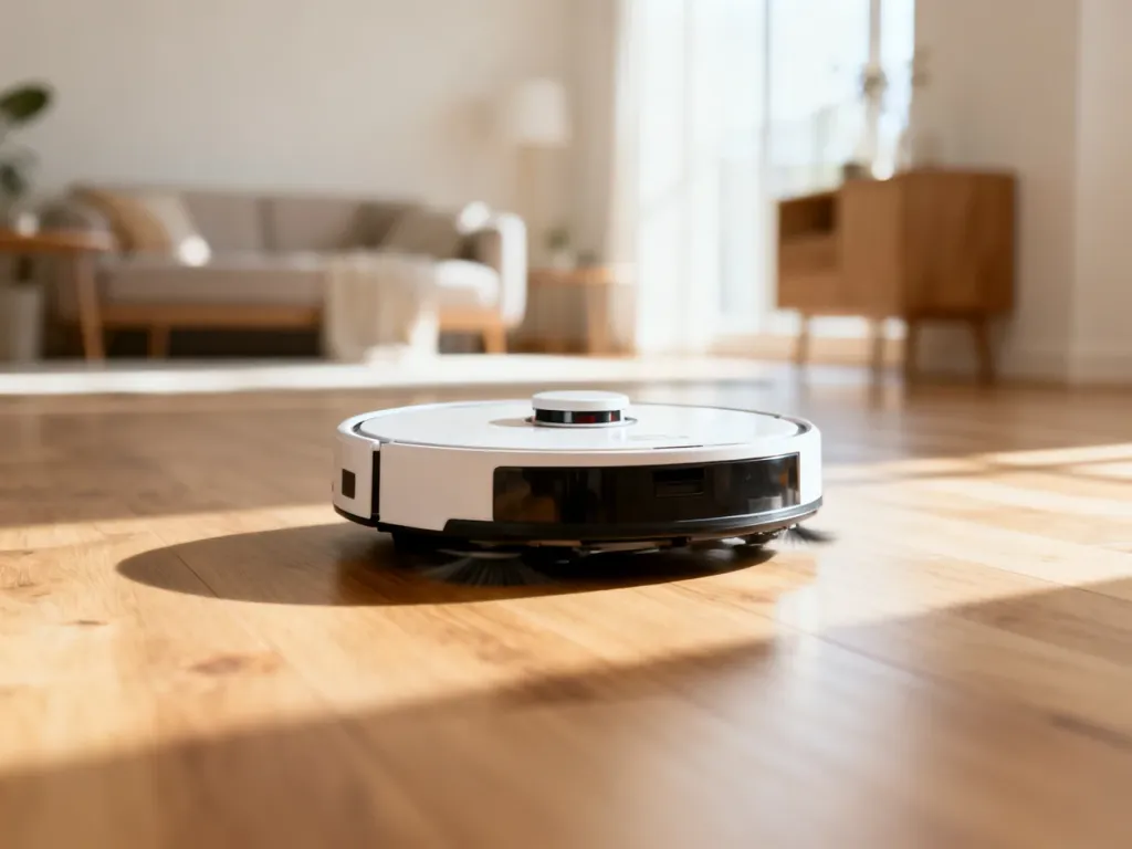 Nowoczesny robot sprzątający poruszający się po drewnianej podłodze w minimalistycznym, słonecznym salonie.