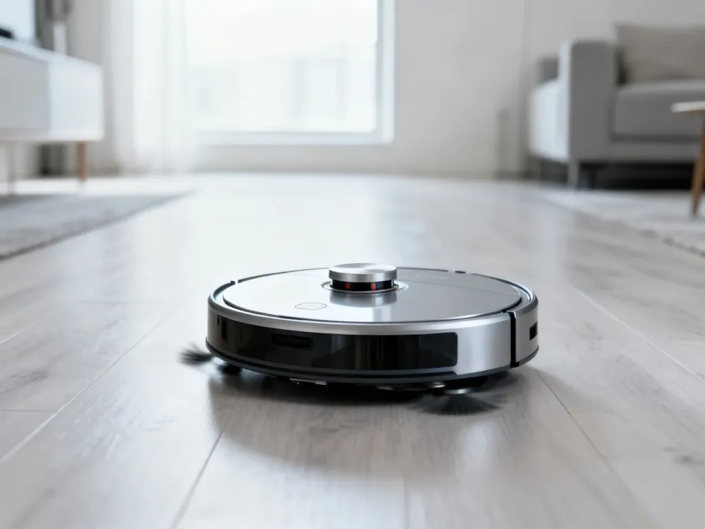 Nowoczesny robot sprzątający poruszający się po drewnianej podłodze w minimalistycznym salonie.