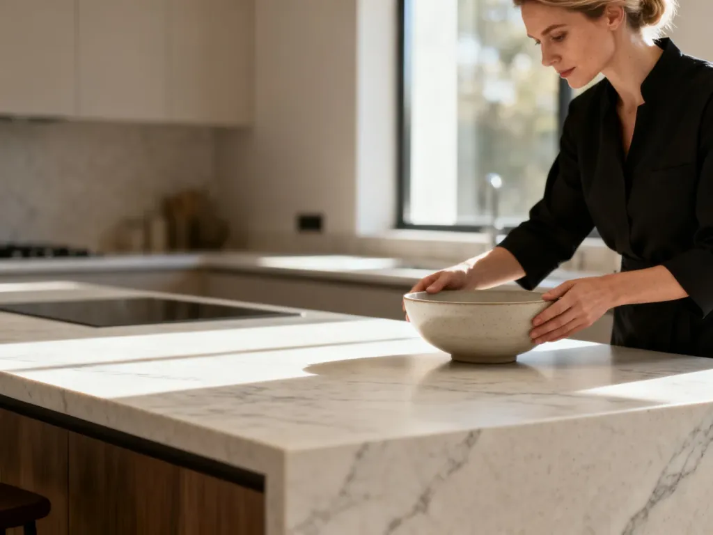 Luksusowa wyspa kuchenna z blatem ze spieku kwarcowego o marmurowym wzorze, na którym kobieta stawia ceramiczną miskę.