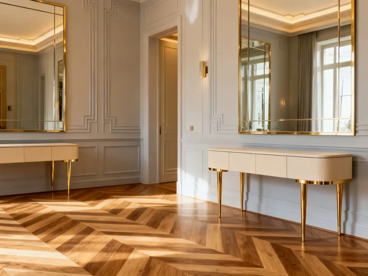 Salon w stylu Art Deco z dębową podłogą ułożoną we francuską jodełkę