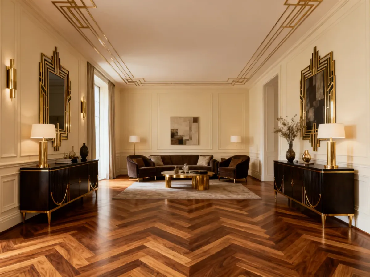Spójny salon Art Deco z ciepłym dębowym parkietem i ciemnymi meblami
