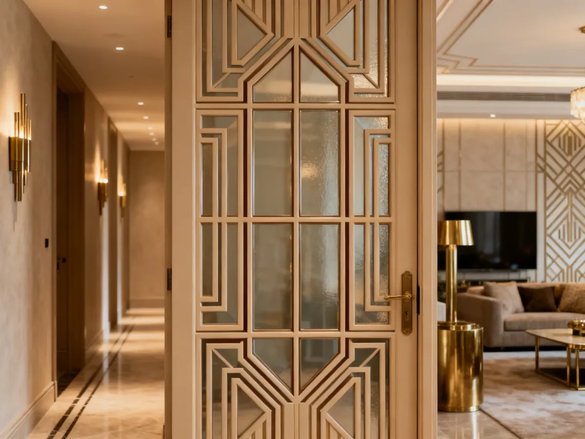 Symetryczne drzwi Art Deco z geometrycznymi przeszkleniami w eleganckim wnętrzu
