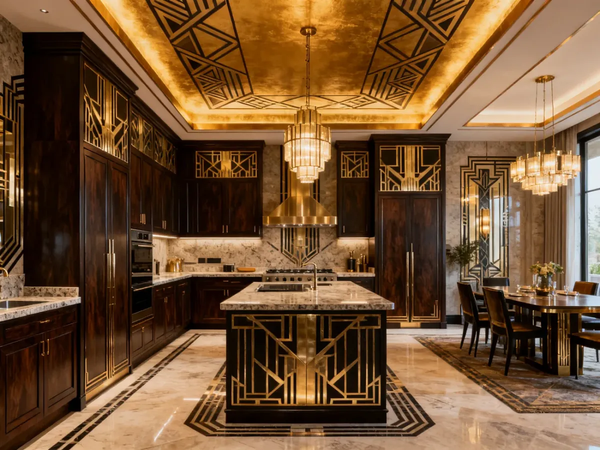 Przestronna kuchnia art deco z centralną wyspą i dekoracyjnym oświetleniem