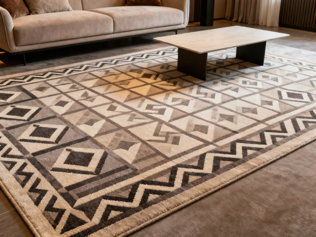Geometryczny dywan Art Deco z rombami i zygzakami w nowoczesnym salonie
