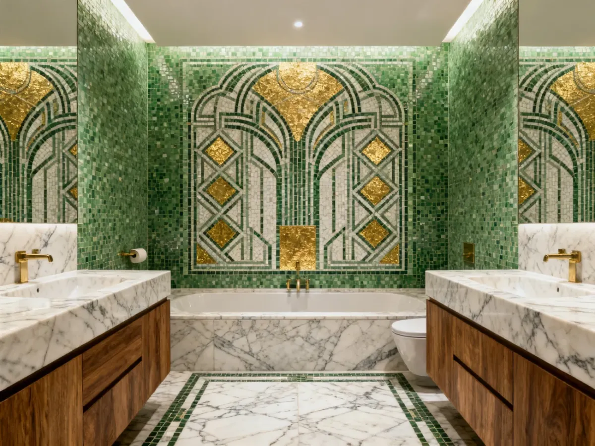 Zielono-biała kamienna mozaika art deco ze złotymi akcentami