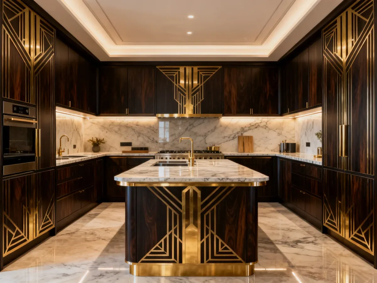 Symetryczna kuchnia art deco z wyspą, ciemnym drewnem i mosiężnymi detalami
