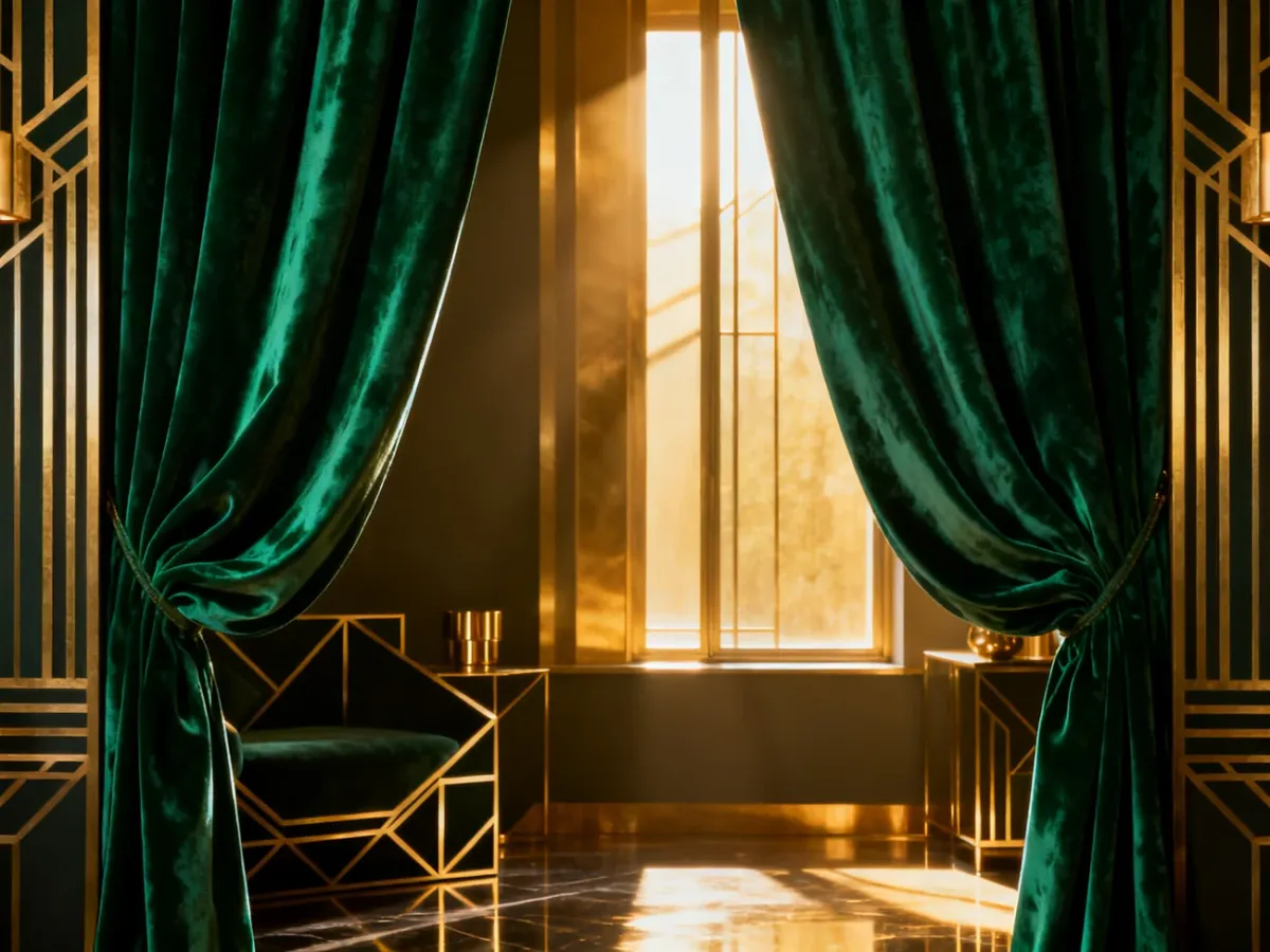 Butelkowozielone welurowe zasłony w eleganckim wnętrzu Art Deco