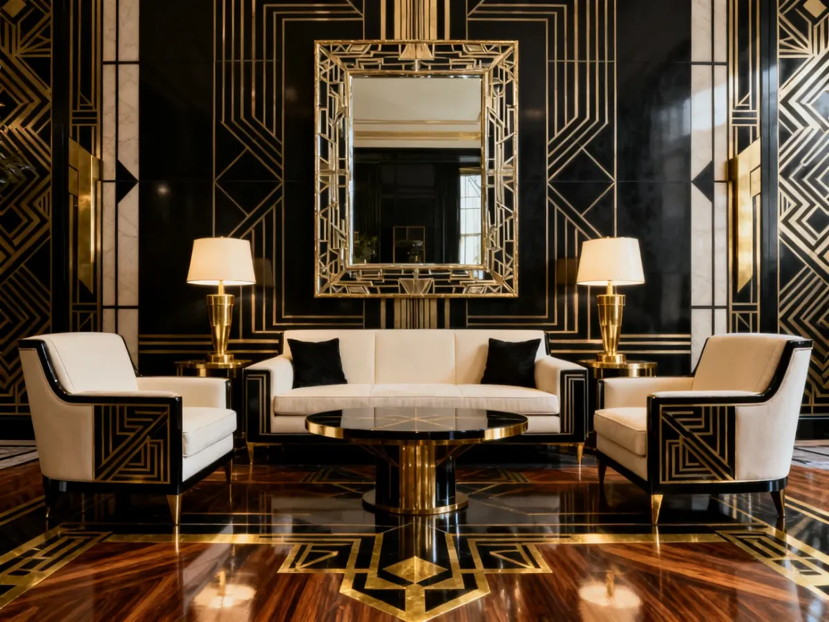 Symetryczne wnętrze Art Deco z sofą, lustrem i mosiężnymi dodatkami