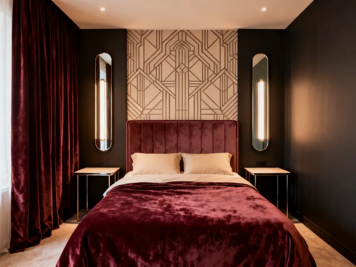 Nastrojowa mała sypialnia art deco z geometryczną tapetą