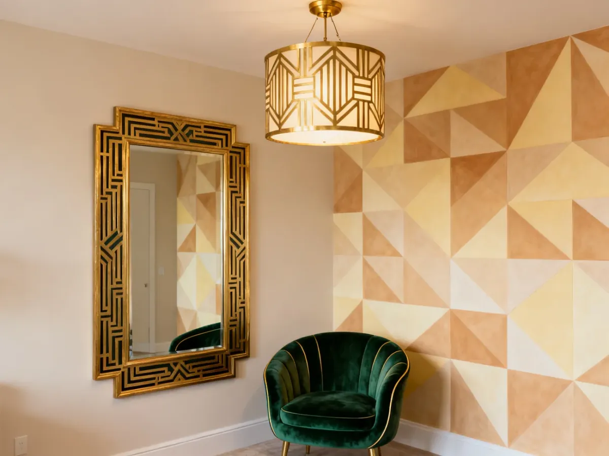 Niedrogi salon art déco z efektowną lampą, lustrem i geometryczną ścianą
