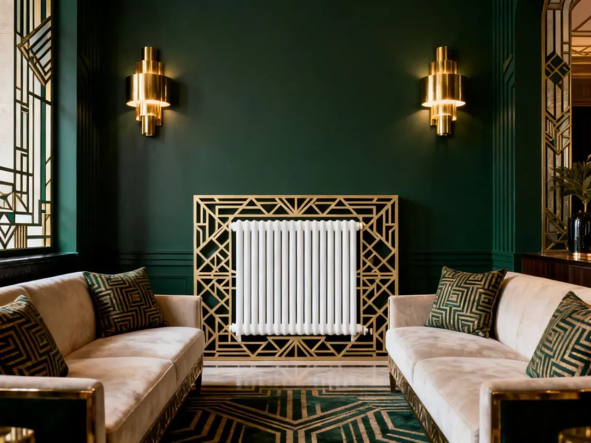 Spójna aranżacja Art Deco z dekoracyjną maskownicą grzejnika