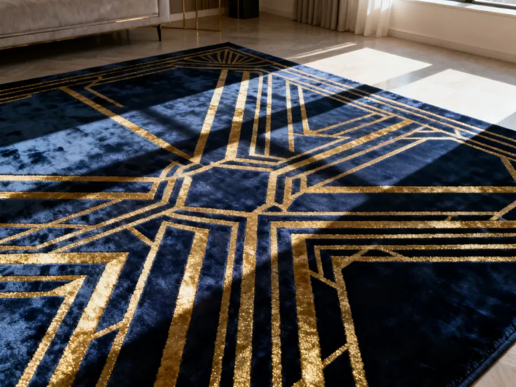 Elegancki dywan w stylu art deco z geometrycznym wzorem i złotymi akcentami na tle minimalistycznego salonu.