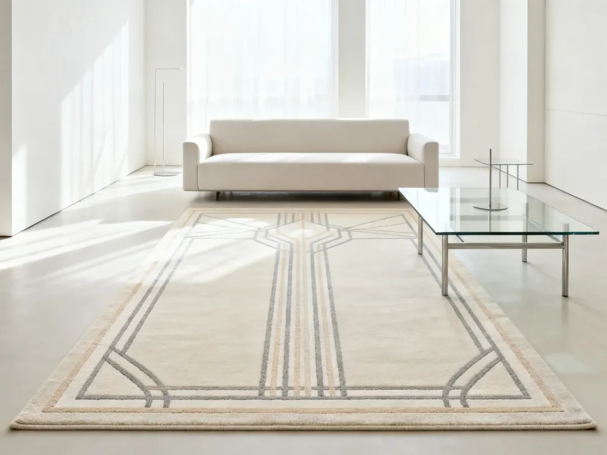 Jasny minimalistyczny dywan Art Deco w nowoczesnym salonie