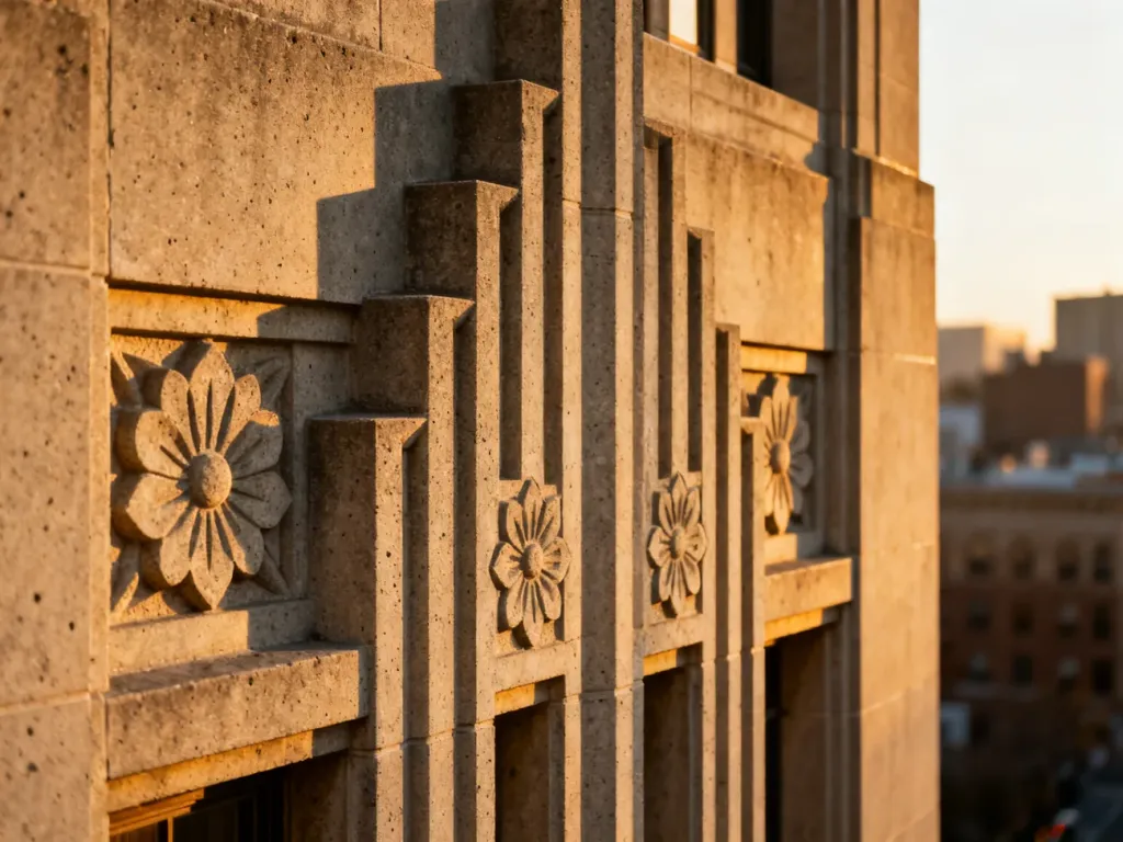 Zbliżenie na geometryczne detale fasady w stylu art deco z symetrycznymi zdobieniami i wyrazistym cieniem.