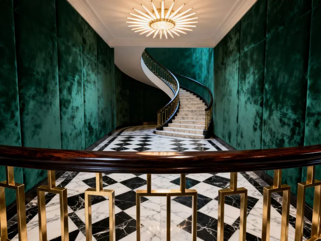 Elegancki hol w stylu art deco z marmurową podłogą, mosiężnymi detalami i szmaragdowymi ścianami.