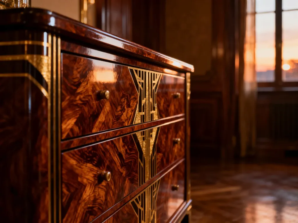 Zbliżenie na elegancką komodę art deco z połyskującym fornirem o misternym usłojeniu w ciepłym, nastrojowym wnętrzu.