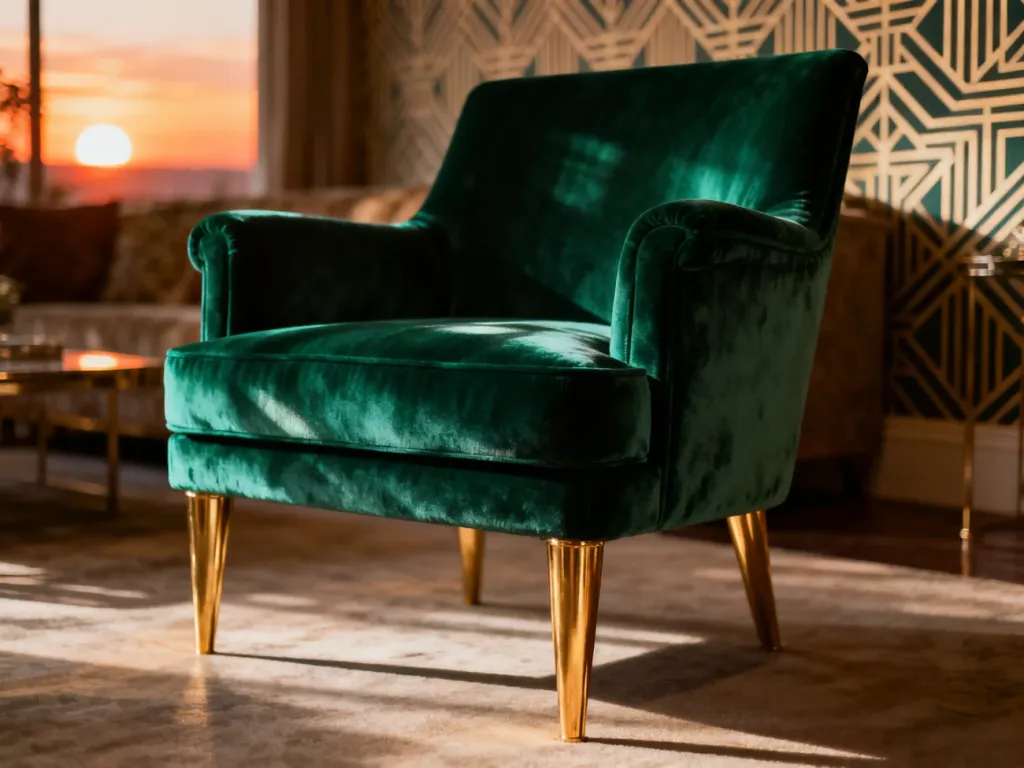 Luksusowy fotel w stylu art deco obity szmaragdowym welurem ze złotymi nóżkami na tle salonu w stylu vintage.