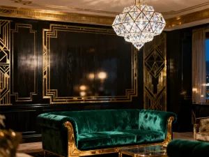 Elegancka tapeta w stylu art deco z geometrycznym, złotym wzorem na granatowym tle, podkreślająca luksusowy wystrój wnętrza.
