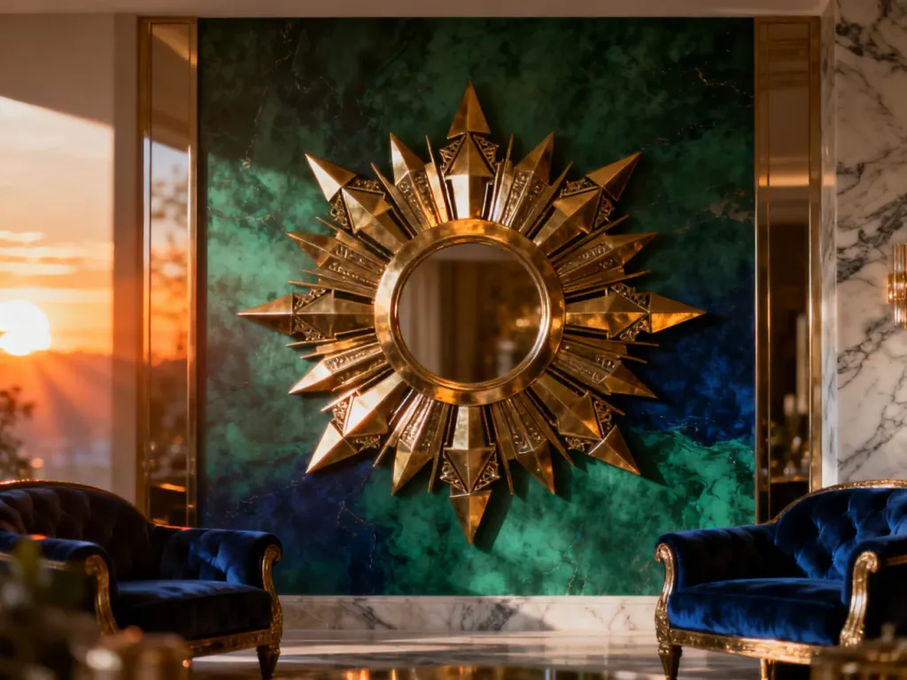 Elegancka, mosiężna dekoracja ścienna w stylu art déco w formie geometrycznego słońca na tle luksusowego wnętrza.