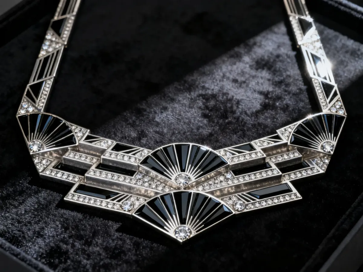Geometryczna broszka art déco z diamentami i czarnym onyksem