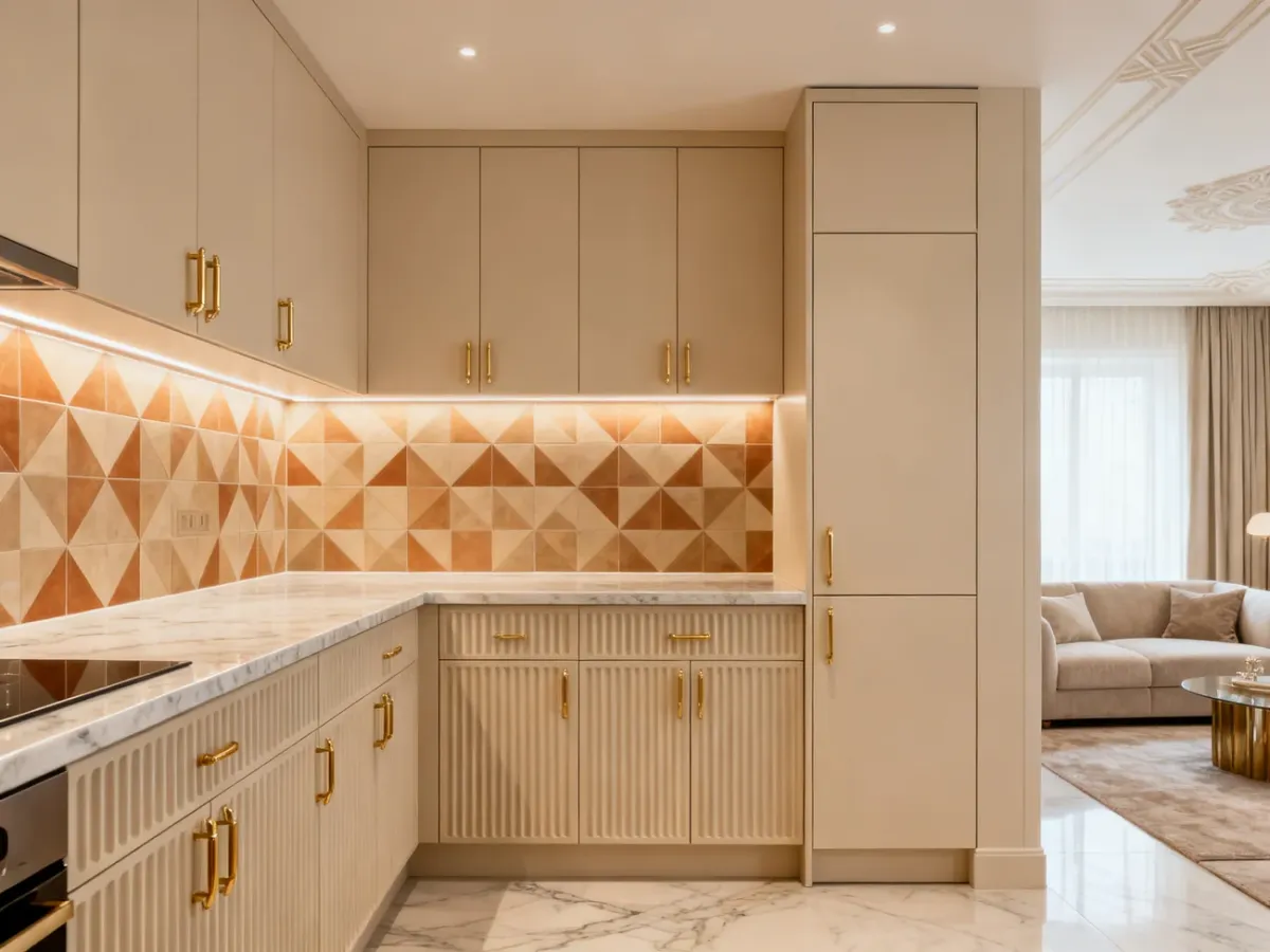 Mały aneks kuchenny art deco z mosiężnymi detalami i geometrycznymi płytkami