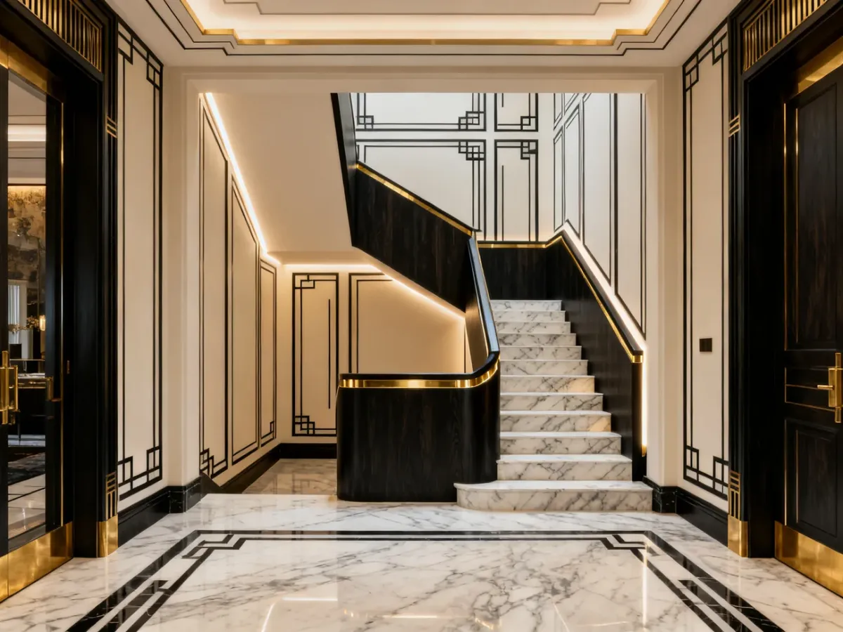 Elegancki hol art déco z geometryczną klatką schodową