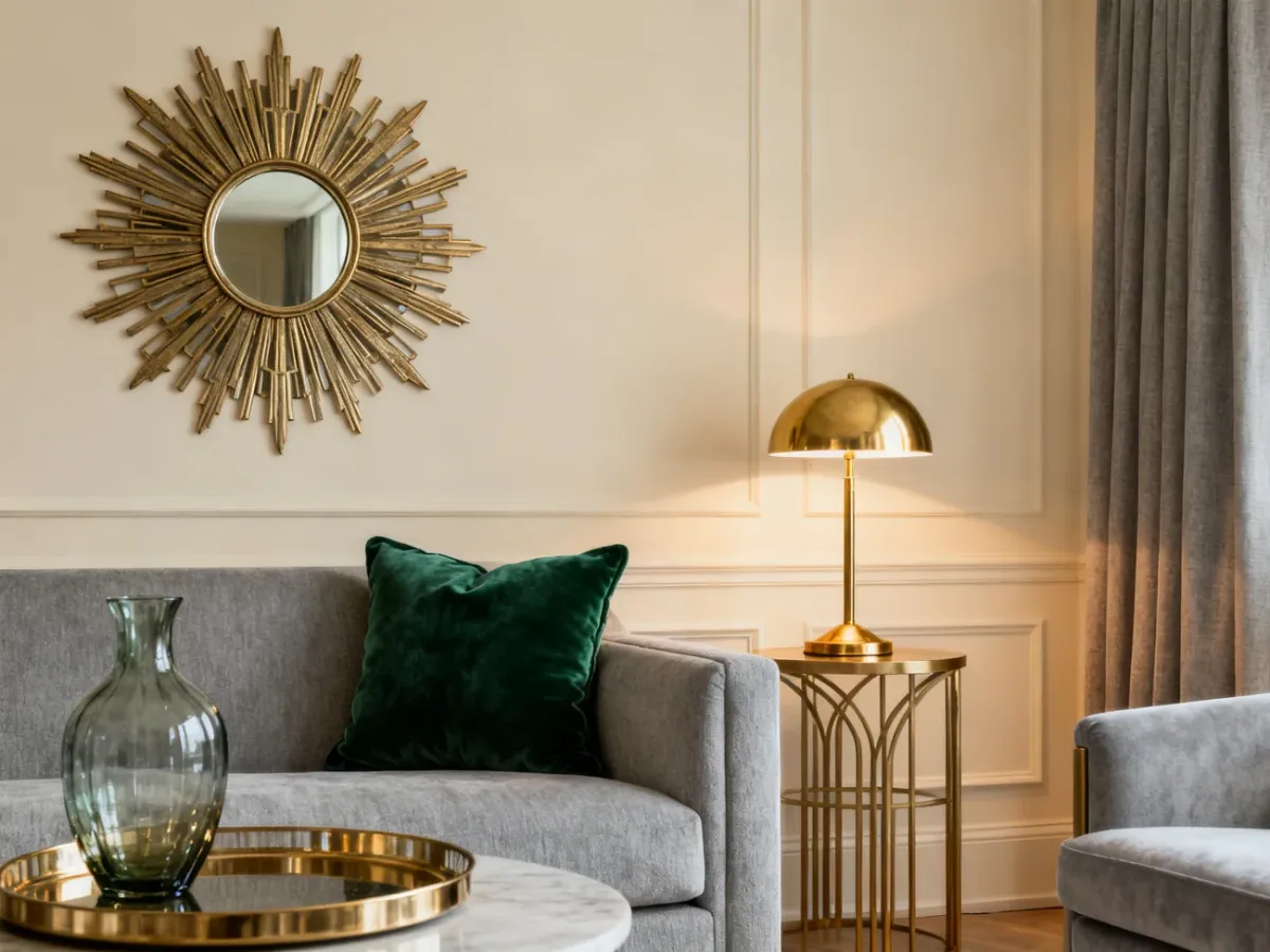 Nowoczesny salon z oszczędnie wprowadzonymi dodatkami Art Deco