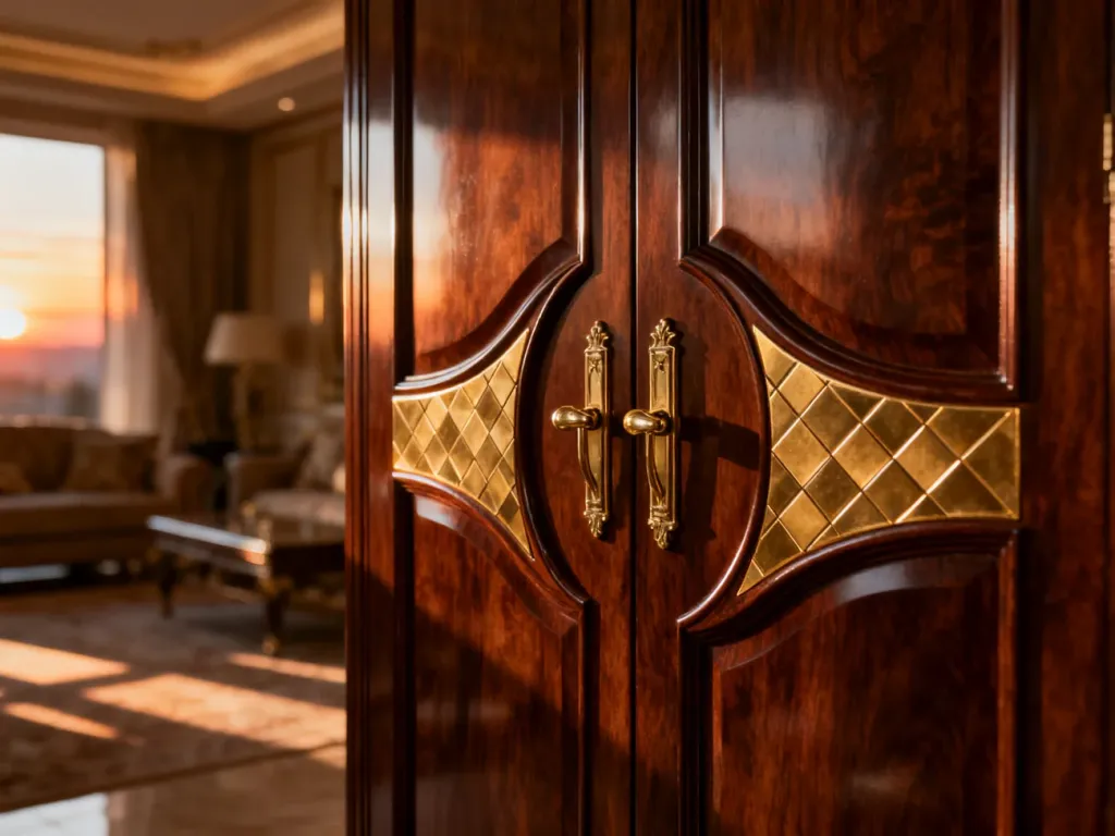 Oryginalna komoda art deco z ciemnego mahoniu z geometrycznymi mosiężnymi zdobieniami w eleganckim salonie.
