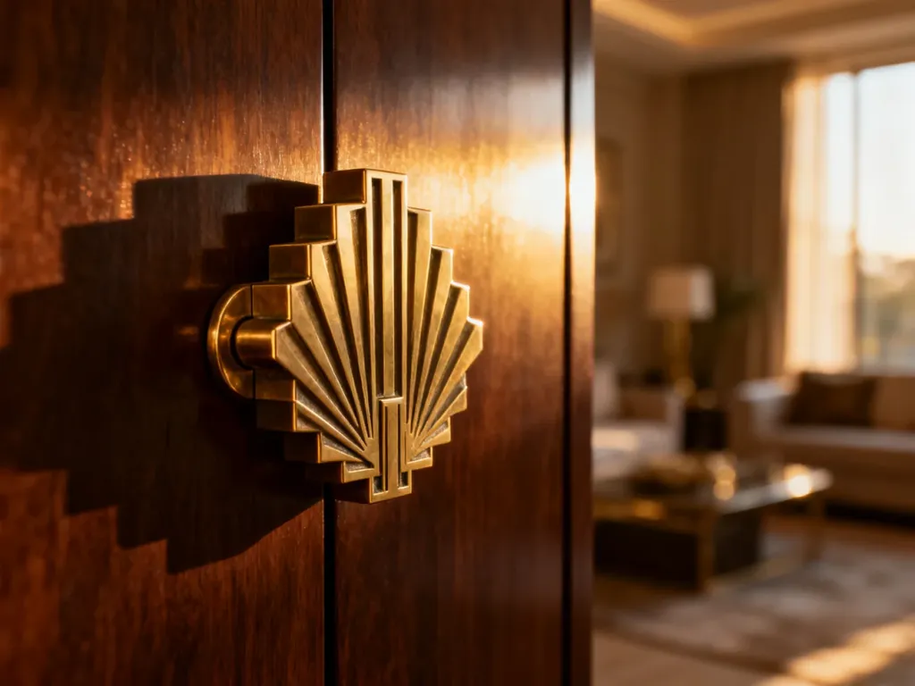 Luksusowy mosiężny uchwyt meblowy w stylu art deco z geometrycznym zdobieniem zamontowany na ciemnym mahoniowym froncie.