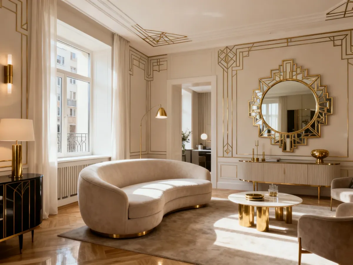 Jasny salon małego mieszkania w nowoczesnym stylu art deco