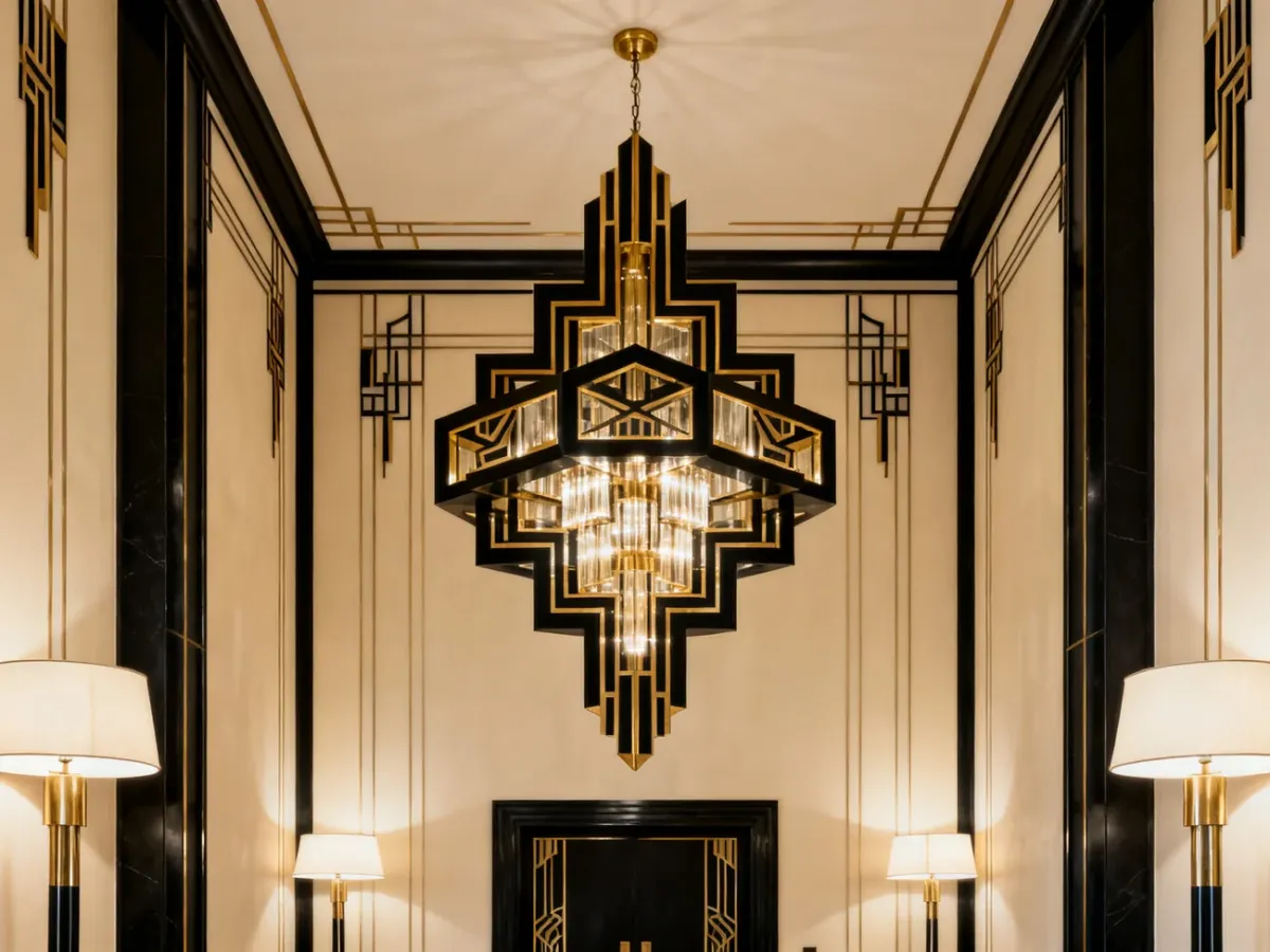 Stonowane wnętrze art deco z efektownym żyrandolem