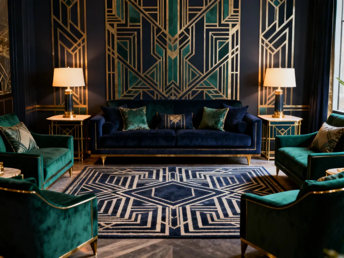 Symetryczny salon w stylu Art Deco z geometrycznymi wzorami i złotymi akcentami