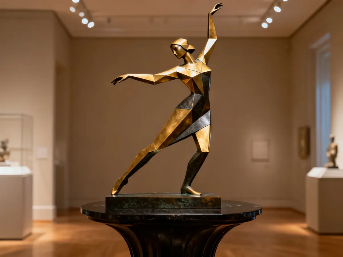 Dynamic Art Deco brass sculpture of a dancer with geometric forms and dark patina