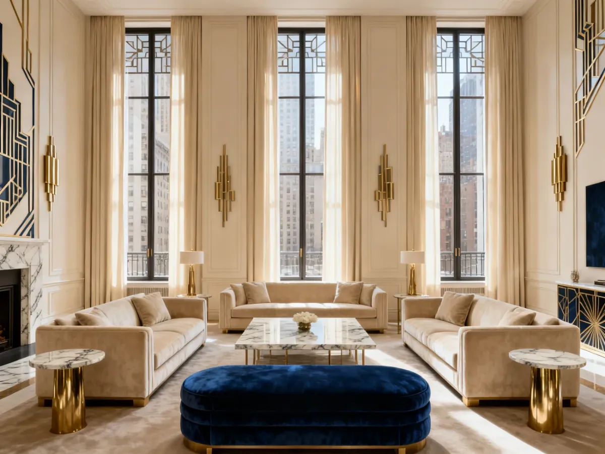 Elegancki salon w stylu nowojorskim z akcentami art déco