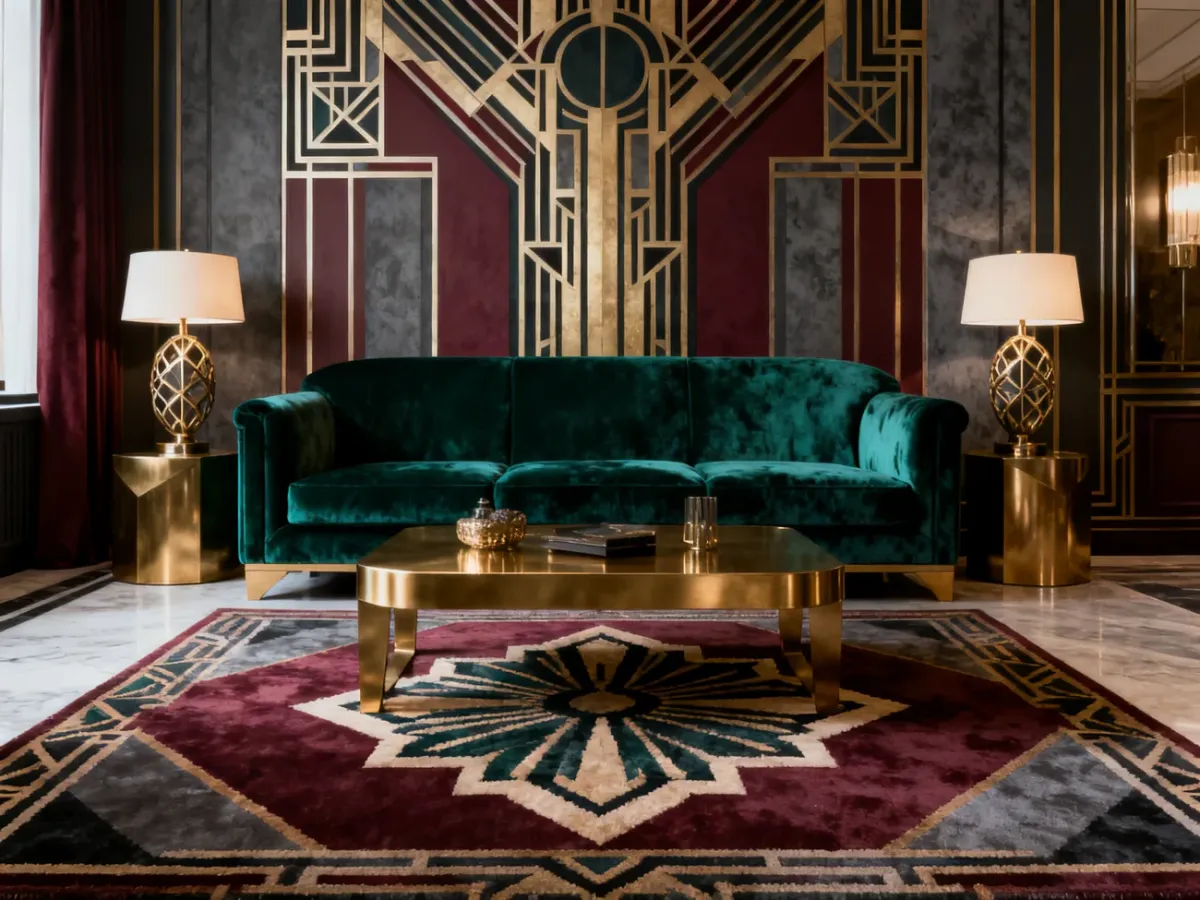 Dywan Art Deco zestawiony z welwetową sofą i metalicznymi dodatkami