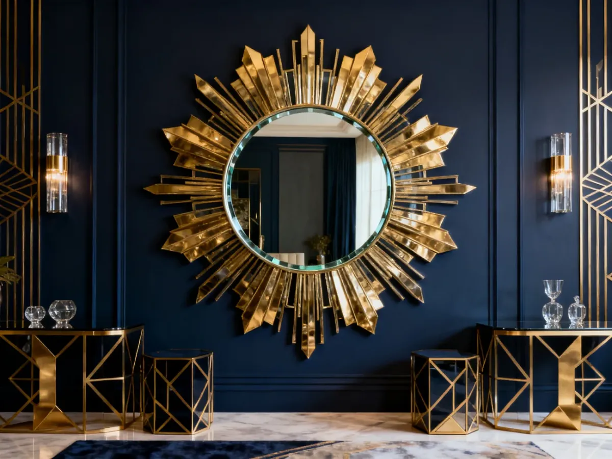 Złote lustro słoneczko Art Deco na granatowej ścianie