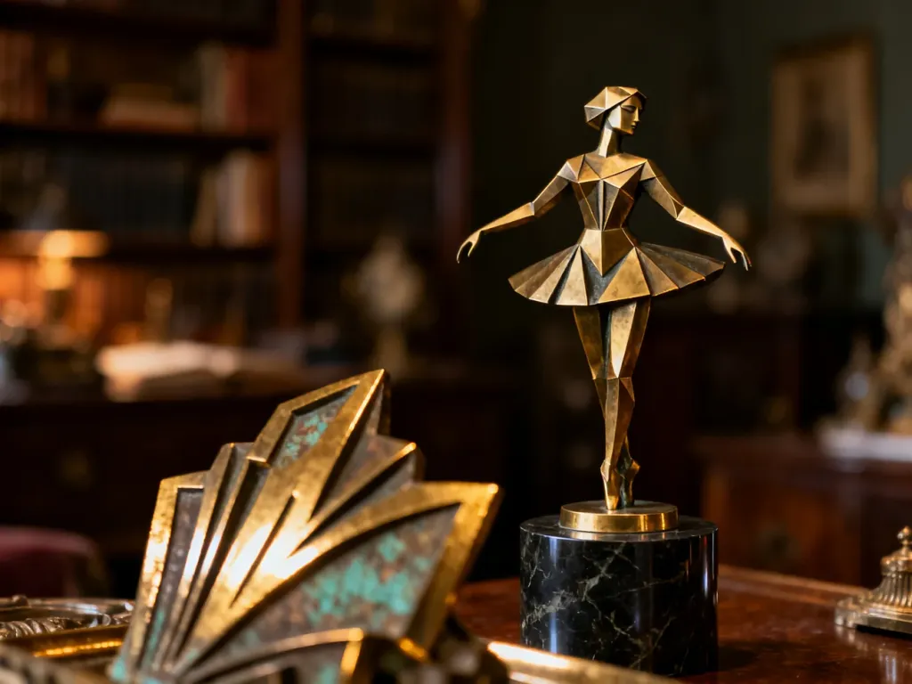 Zabytkowa mosiężna figurka tancerki w stylu art deco na marmurowej podstawie, ukazująca detale patyny i geometryczne kształty.