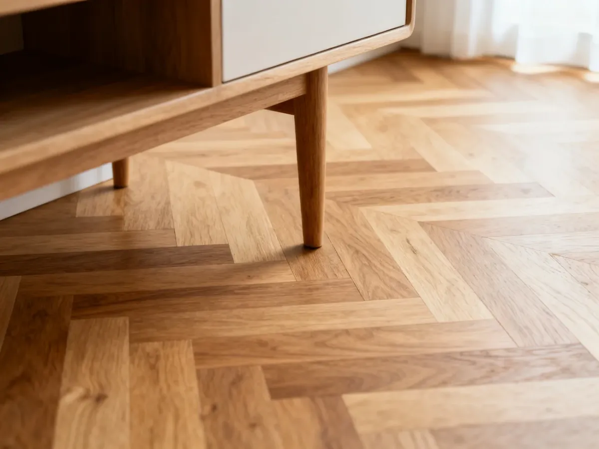 Zbliżenie na dębowy parkiet chevron o uporządkowanym usłojeniu