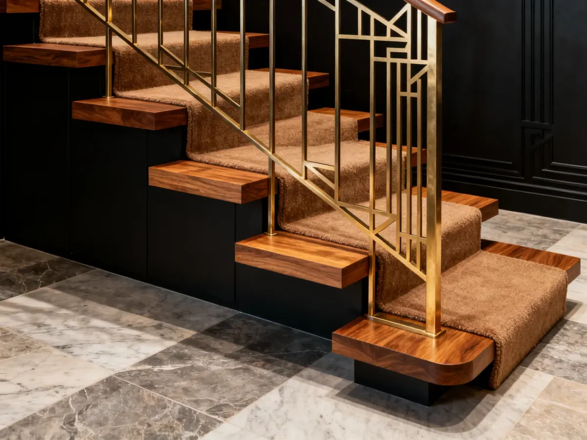 Dębowe schody art déco z geometryczną balustradą