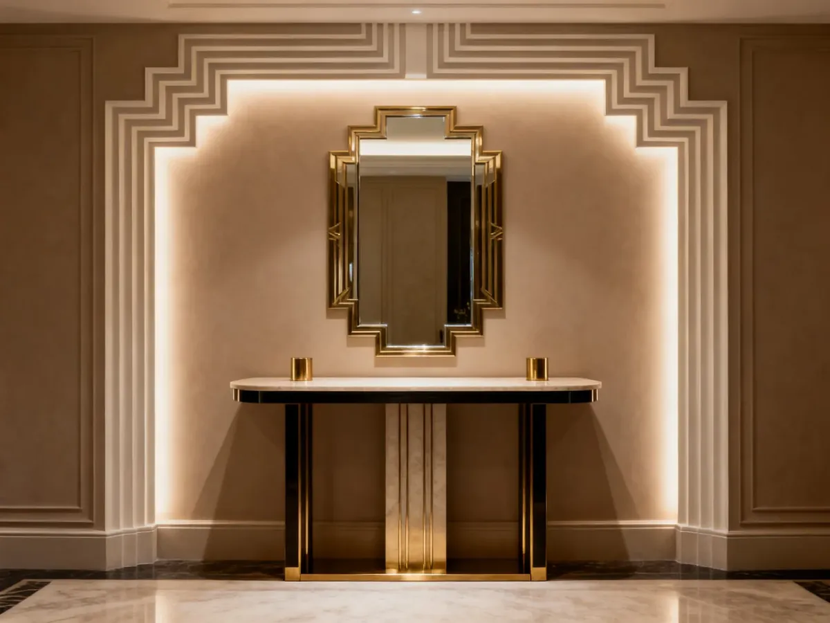 Elegancka aranżacja art deco z dominującym symetrycznym motywem sztukaterii