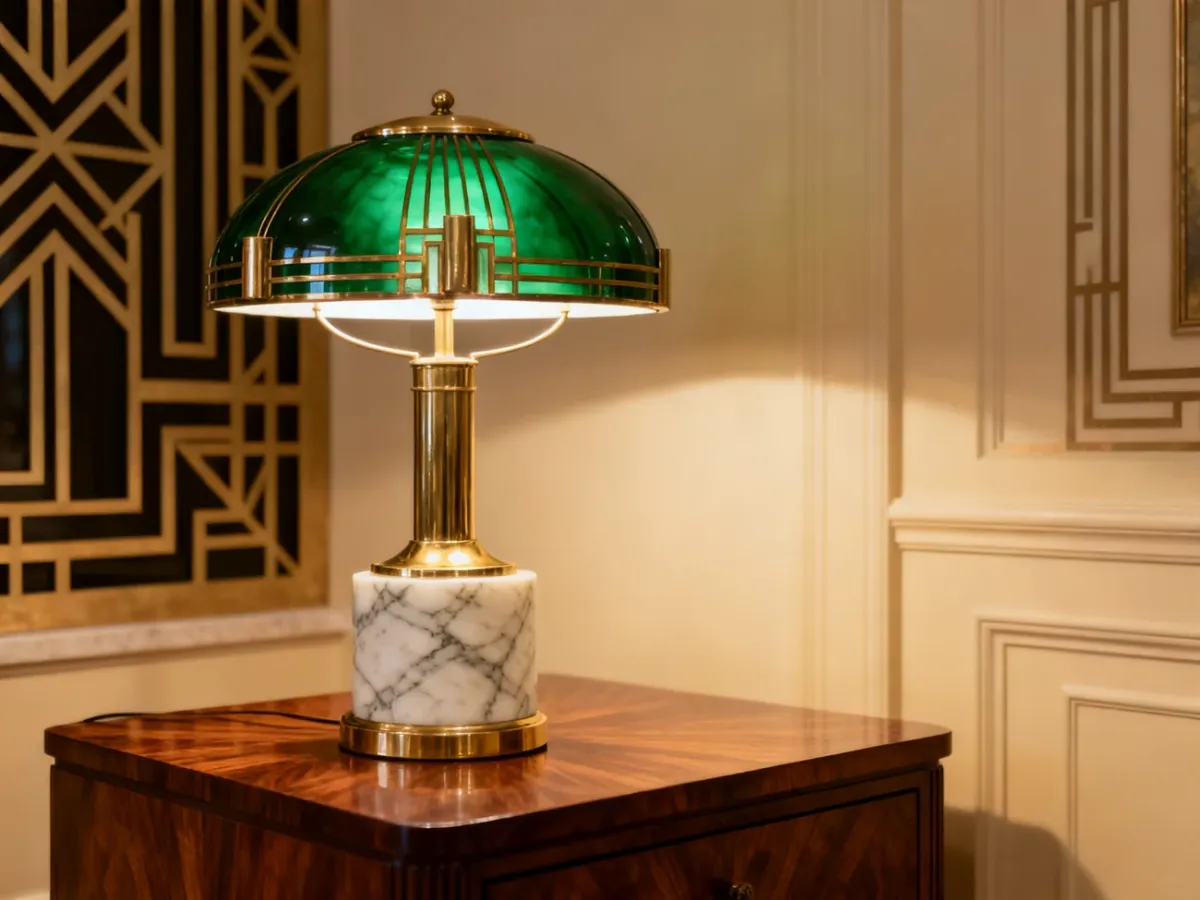 Oryginalna lampa stołowa art déco z zielonym kloszem i marmurową podstawą
