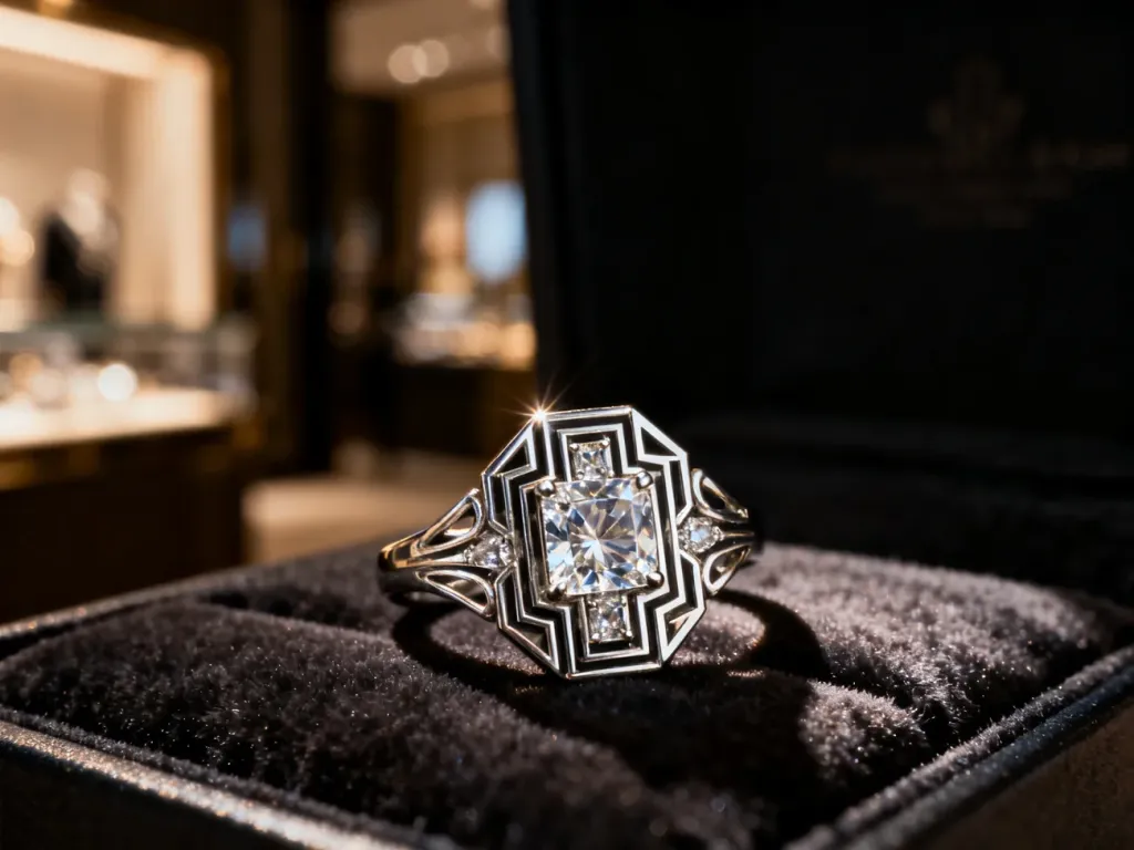Geometryczny pierścionek art deco z diamentami na ciemnym aksamicie, podkreślający luksusowy i symetryczny styl epoki.