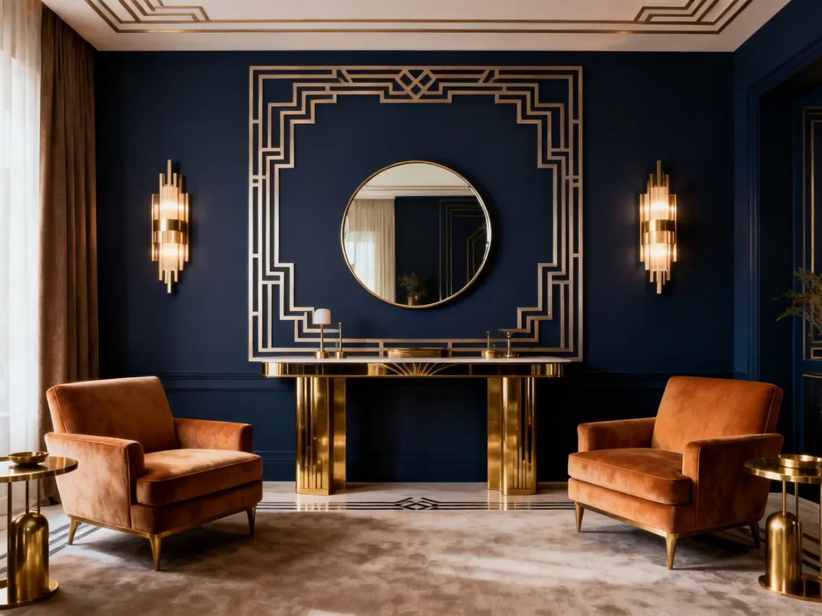 Symetryczna ściana w stylu art deco z geometrycznymi ramami i lustrem