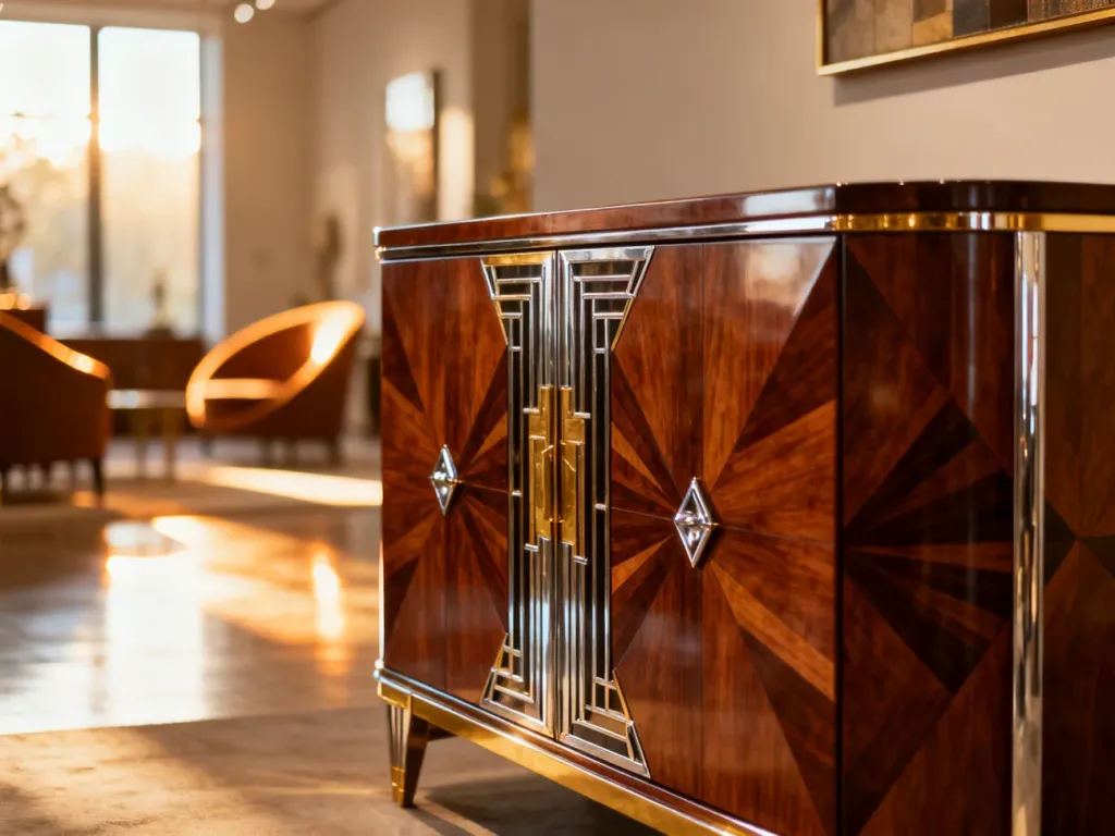 Elegancki salon z autentycznymi meblami art déco, prezentujący mahoniową komodę z intarsjami i chromowanymi detalami.
