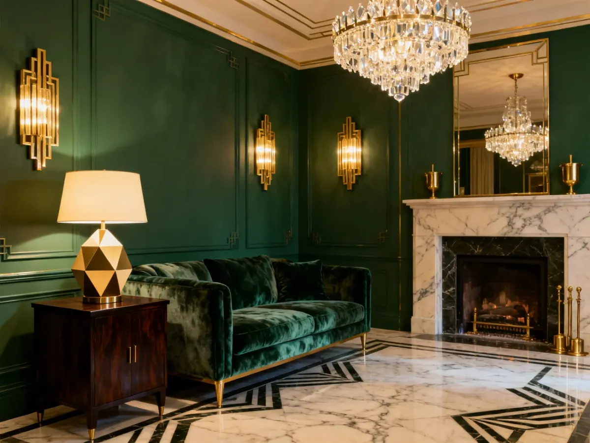 Salon art déco z kryształowym żyrandolem i wielopoziomowym oświetleniem