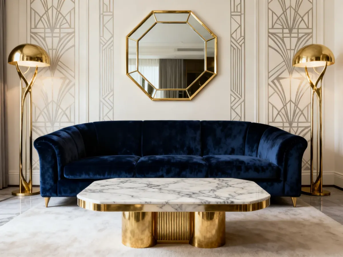 Elegancki, symetryczny salon w stylu art déco z aksamitną sofą i geometrycznymi detalami