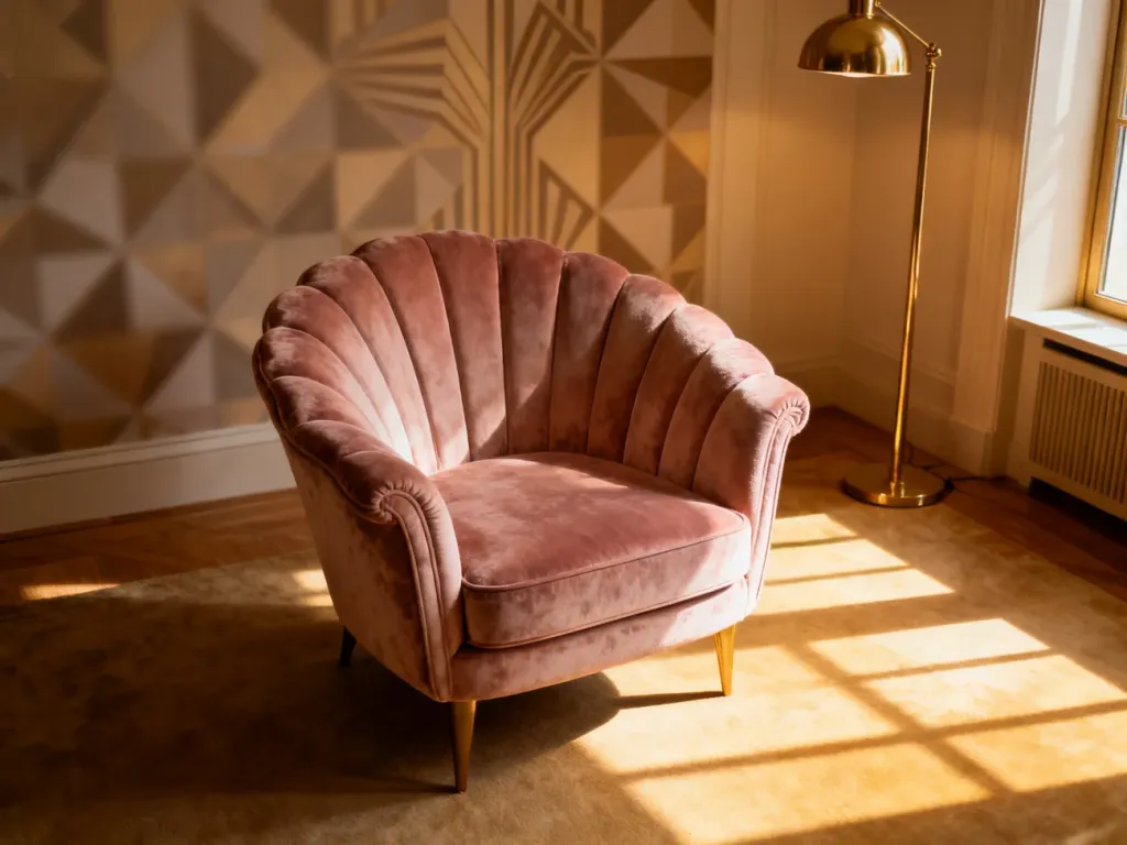 Elegancki fotel w kształcie muszelki w kolorze brudnego różu, ustawiony w słonecznym salonie w stylu art déco.