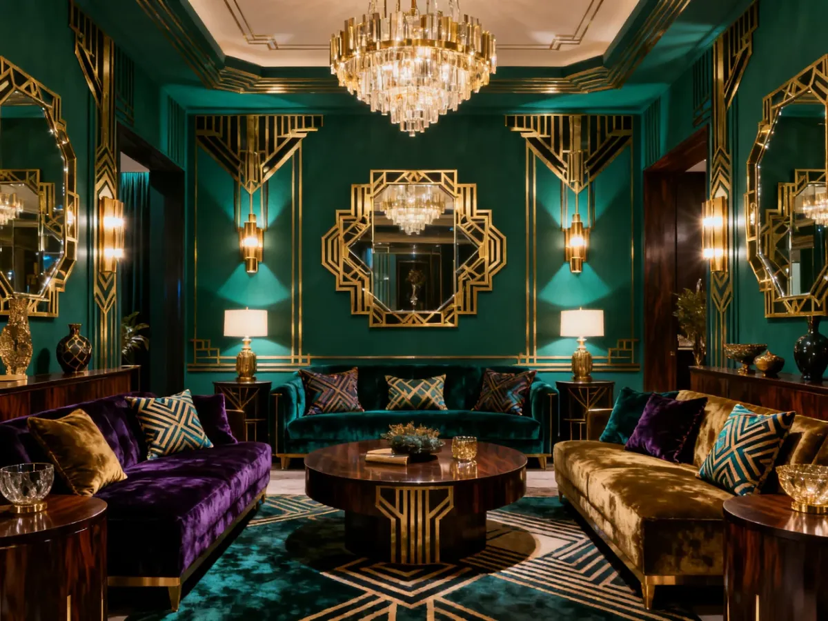 Salon art déco ze szmaragdową ścianą, symetrycznymi meblami i złotymi detalami